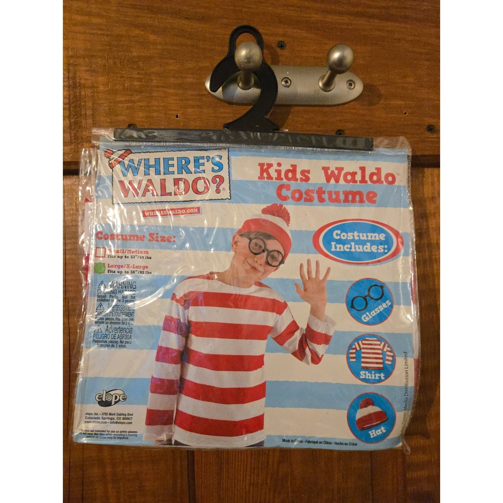 Elope Wheres Waldo Kids Costume Set Striped Shirt Hat Glasses Size L/XL New